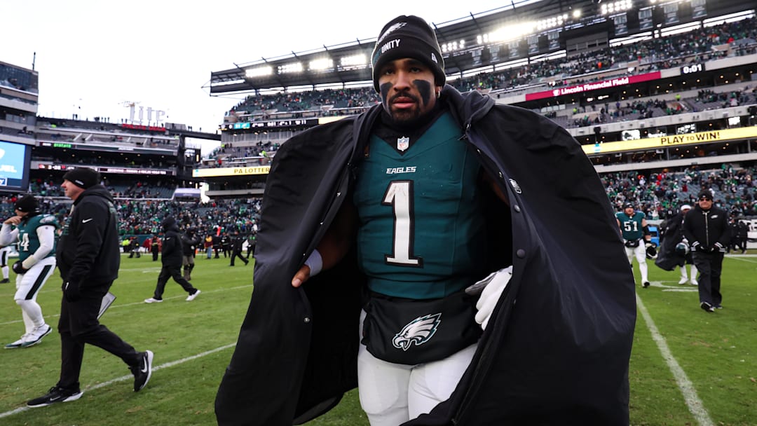 Dec 14, 2025; Philadelphia, Pennsylvania, USA; Philadelphia Eagles quarterback Jalen Hurts (1) walks across the field after a victory against the Las Vegas Raiders at Lincoln Financial Field. Mandatory Credit: Bill Streicher-Imagn Images Dec 14, 2025; Philadelphia, Pennsylvania, USA; Philadelphia Eagles quarterback Jalen Hurts (1) walks across the field after a victory against the Las Vegas Raiders at Lincoln Financial Field. Mandatory Credit: Bill Streicher-Imagn Images