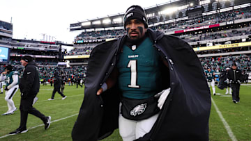 Dec 14, 2025; Philadelphia, Pennsylvania, USA; Philadelphia Eagles quarterback Jalen Hurts (1) walks across the field after a victory against the Las Vegas Raiders at Lincoln Financial Field. Mandatory Credit: Bill Streicher-Imagn Images