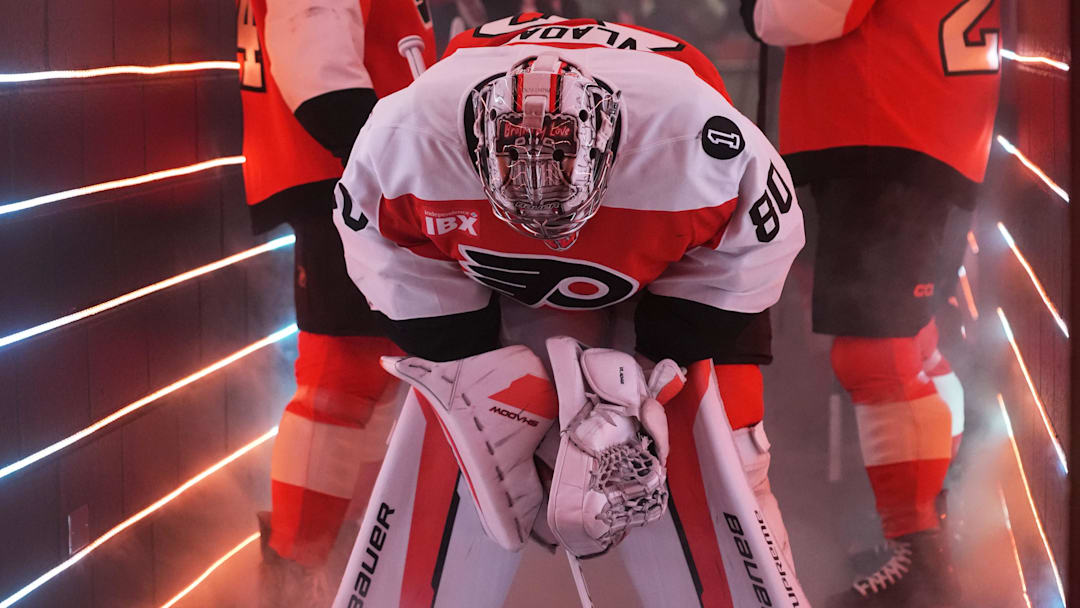 May 9, 2026; Philadelphia, Pennsylvania, USA; Philadelphia Flyers goaltender Dan Vladar (80) waits to take the ice against the Carolina Hurricanes before game four of the second round of the 2026 Stanley Cup Playoffs at Xfinity Mobile Arena. Mandatory Credit: James Lang-Imagn Images