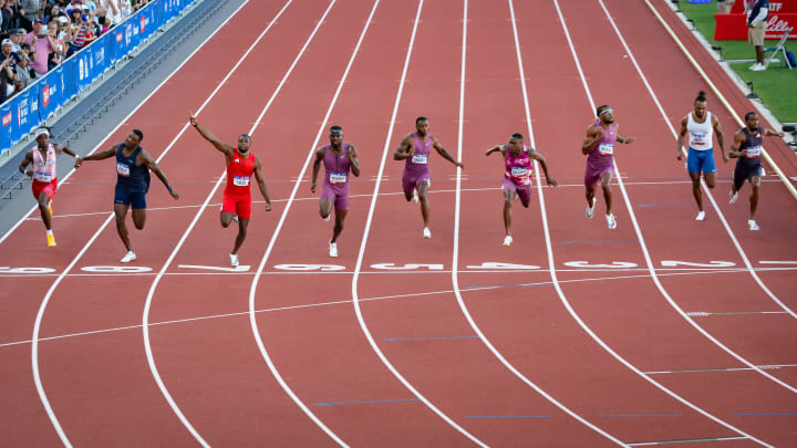 Noah Lyles wins the men’s 100 meters during day three of the U.S. Olympic Track & Field Trials Sunday, June 23, 2024, at Hayward Field in Eugene, Ore.