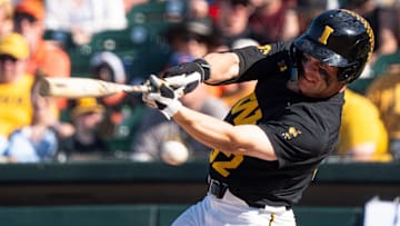 Iowa's Reese Moore bats during game 2 of Iowa vs. Oregon State baseball at Principal Park on May 10, 2025, in Des Moines.