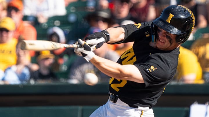Iowa's Reese Moore bats during game 2 of Iowa vs. Oregon State baseball at Principal Park on May 10, 2025, in Des Moines.
