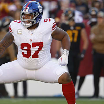 Nov 19, 2023; Landover, Maryland, USA; New York Giants defensive tackle Dexter Lawrence II (97) celebrates after a sack against the Washington Commanders during the second quarter at FedExField.