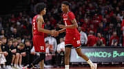 Jan 9, 2025; Piscataway, New Jersey, USA; Rutgers Scarlet Knights guard Dylan Harper (2) slaps hands with guard Ace Bailey (4) during the first half against the Purdue Boilermakers at Jersey Mike's Arena. Mandatory Credit: Vincent Carchietta-Imagn Images