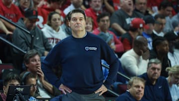 Nov 7, 2022; Piscataway, New Jersey, USA; Columbia Lions head coach Jim Engles looks on during the first half against the Rutgers Scarlet Knights at Jersey Mike's Arena. Mandatory Credit: Vincent Carchietta-Imagn Images