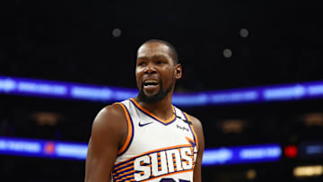Oct 28, 2024; Phoenix, Arizona, USA; Phoenix Suns forward Kevin Durant (35) against the Los Angeles Lakers at Footprint Center. Mandatory Credit: Mark J. Rebilas-Imagn Images