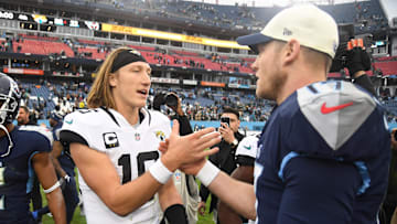 Dec 11, 2022; Nashville, Tennessee, USA; Jacksonville Jaguars quarterback Trevor Lawrence (16) and Ryan Tannehill.