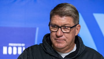 Feb 28, 2023; Indianapolis, IN, USA; Tampa Bay Buccaneers general manager Jason Licht speaks to the press at the NFL Combine at Lucas Oil Stadium. Mandatory Credit: Trevor Ruszkowski-Imagn Images