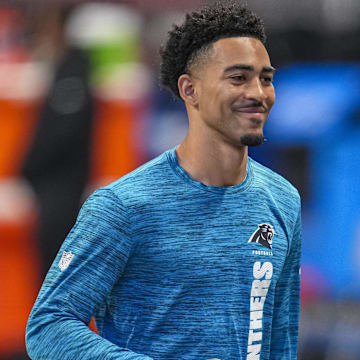 Jan 5, 2025; Atlanta, Georgia, USA; Carolina Panthers quarterback Bryce Young (9) on the field prior to the game against the Atlanta Falcons at Mercedes-Benz Stadium. Mandatory Credit: Dale Zanine-Imagn Images
