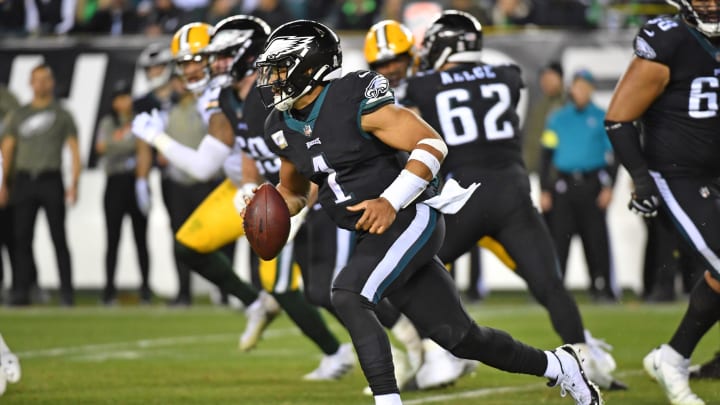 Nov 27, 2022; Philadelphia, Pennsylvania, USA; Philadelphia Eagles quarterback Jalen Hurts (1) runs Nov 27, 2022; Philadelphia, Pennsylvania, USA; Philadelphia Eagles quarterback Jalen Hurts (1) runs