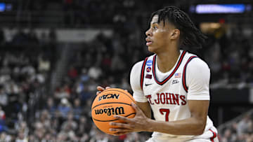Mar 20, 2025; Providence, RI, USA;  St. John's Red Storm guard Simeon Wilcher (7) controls the ball during the second half against the Omaha Mavericks at Amica Mutual Pavilion.
