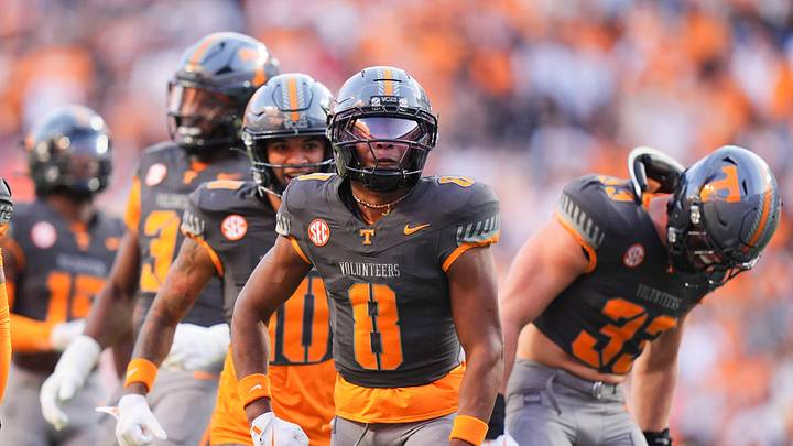 Tennessee defensive back Colton Hood (8) and the Tennessee defense celebrate after a play stopping the New Mexico State offense in an NCAA college football game on November 15, 2025, in Knoxville, Tenn.