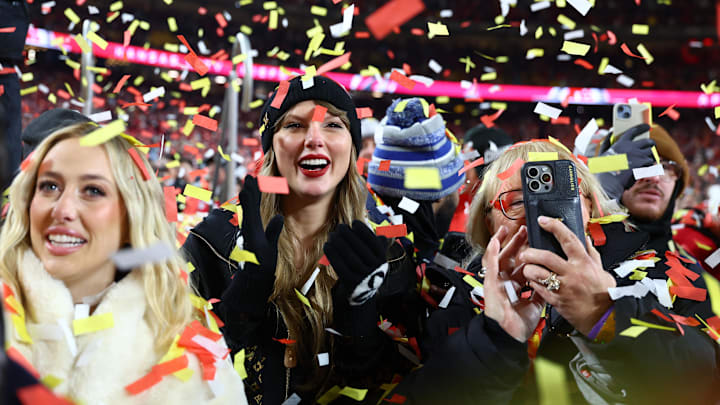 Taylor Swift reacts after the AFC Championship game against the Buffalo Bills at GEHA Field at Arrowhead Stadium. 