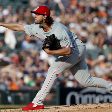 Jun 24, 2024; Detroit, Michigan, USA;  Philadelphia Phillies starting pitcher Aaron Nola (27) pitches in the first inning against the Detroit Tigers at Comerica Park.