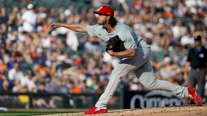 Jun 24, 2024; Detroit, Michigan, USA;  Philadelphia Phillies starting pitcher Aaron Nola (27) pitches in the first inning against the Detroit Tigers at Comerica Park.