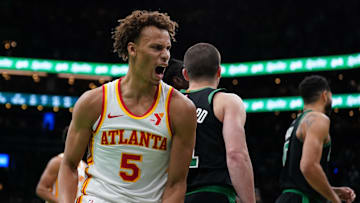 Hawks guard Dyson Daniels (5) reacts after defeating the Boston Celtics at TD Garden. 