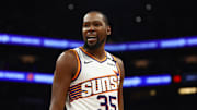 Oct 28, 2024; Phoenix, Arizona, USA; Phoenix Suns forward Kevin Durant (35) against the Los Angeles Lakers at Footprint Center. Mandatory Credit: Mark J. Rebilas-Imagn Images