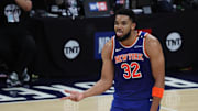  New York Knicks center Karl-Anthony Towns reacts against the Indiana Pacers during the 2025 NBA Playoffs.