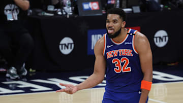  New York Knicks center Karl-Anthony Towns reacts against the Indiana Pacers during the 2025 NBA Playoffs.