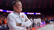 Jan 23, 2025; Champaign, Illinois, USA;  Illinois Fighting Illini head coach Brad Underwood before the tipoff of a game with the Maryland Terrapins at State Farm Center. Mandatory Credit: Ron Johnson-Imagn Images
