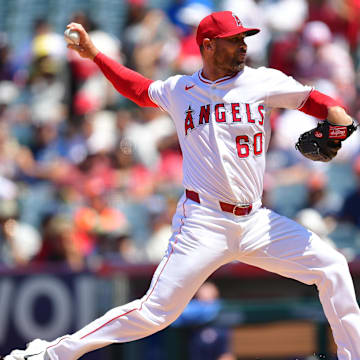 Jun 22, 2025; Anaheim, California, USA; Los Angeles Angels pitcher Hunter Strickland (60) throws against the Houston Astros during the sixth inning at Angel Stadium. Mandatory Credit: Gary A. Vasquez-Imagn Images