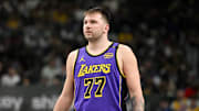 Apr 9, 2025; Dallas, Texas, USA; Los Angeles Lakers guard Luka Doncic (77) during the game between the Dallas Mavericks and the Los Angeles Lakers at American Airlines Center. Mandatory Credit: Jerome Miron-Imagn Images