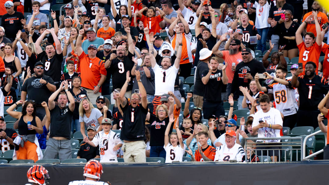 Cincinnati Bengals fans react as Cincinnati Bengals wide receiver Tee Higgins (5) scores a touchdown in the first quarter of the NFL preseason game against the Tampa Bay Buccaneers at Paycor Stadium in Cincinnati Saturday, August 10, 2024.