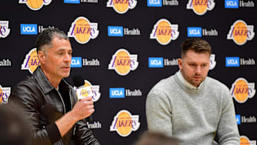 Feb 4, 2025; El Segundo, CA, USA; Los Angeles Lakers vice president of basketball operations and general manager Rob Pelinka speaks before introducing Luka Doncic at UCLA Health Training Center. Mandatory Credit: Gary A. Vasquez-Imagn Images