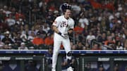 Sep 20, 2025; Houston, Texas, USA; Houston Astros center fielder Jake Meyers (6) reacts after being hit by a. pitch during the ninth inning against the Seattle Mariners at Daikin Park. 