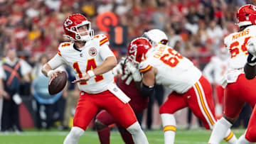 Aug 9, 2025; Glendale, Arizona, USA; Kansas City Chiefs quarterback Bailey Zappe (14) against the Arizona Cardinals during a preseason NFL game at State Farm Stadium. Mandatory Credit: Mark J. Rebilas-Imagn Images