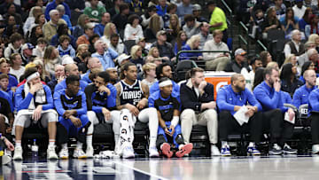 Jan 25, 2025; Dallas, Texas, USA;  Dallas Mavericks bench during the second half against the Boston Celtics at American Airlines Center. Mandatory Credit: Kevin Jairaj-Imagn Images