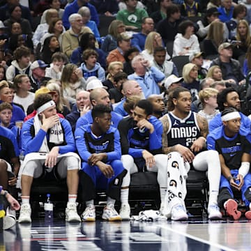 Jan 25, 2025; Dallas, Texas, USA;  Dallas Mavericks bench during the second half against the Boston Celtics at American Airlines Center. Mandatory Credit: Kevin Jairaj-Imagn Images