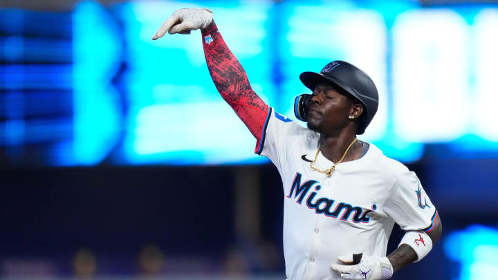 May 22, 2024; Miami, Florida, USA; Miami Marlins outfielder Jazz Chisholm Jr. (2) rounds the bases after hitting a home run against the Milwaukee Brewers during the first inning at loanDepot Park. Mandatory Credit: Rich Storry-USA TODAY Sports