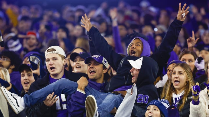 Nov 19, 2022; Seattle, Washington, USA; Washington Huskies fans celebrat during the second quarter against the Colorado Buffaloes at Alaska Airlines Field at Husky Stadium. Mandatory Credit: Joe Nicholson-USA TODAY Sports