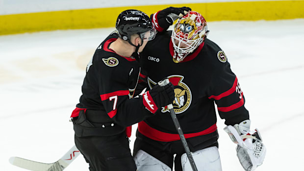Ottawa Senators forward Brady Tkachuk and goaltender Linus Ullmark