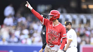 May 14, 2025; San Diego, California, USA; Los Angeles Angels left fielder Matthew Lugo (15) gestures after hititng a double during the third inning against the San Diego Padres at Petco Park. Mandatory Credit: Denis Poroy-Imagn Images