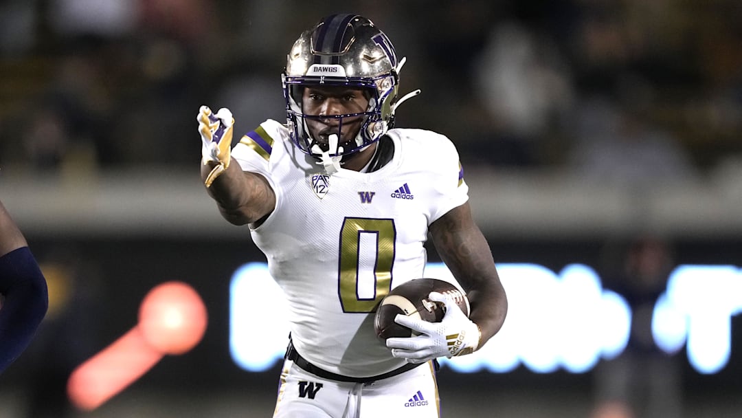 Oct 22, 2022; Berkeley, California, USA; Washington Huskies wide receiver Giles Jackson (0) gestures after catching a pass against the California Golden Bears during the third quarter at FTX Field at California Memorial Stadium.