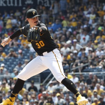 Aug 4, 2024; Pittsburgh, Pennsylvania, USA;  Pittsburgh Pirates starting pitcher Paul Skenes (30) delivers a pitch against the Arizona Diamondbacks during the first inning at PNC Park. Mandatory Credit: Charles LeClaire-USA TODAY Sports