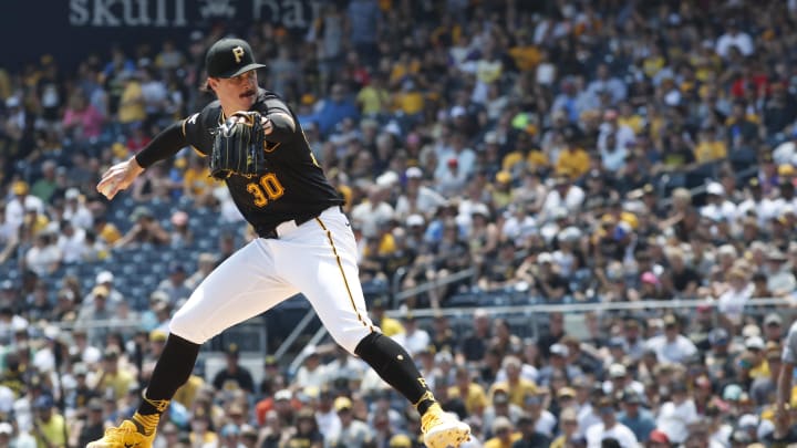 Aug 4, 2024; Pittsburgh, Pennsylvania, USA;  Pittsburgh Pirates starting pitcher Paul Skenes (30) delivers a pitch against the Arizona Diamondbacks during the first inning at PNC Park. Mandatory Credit: Charles LeClaire-USA TODAY Sports