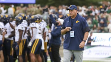 Sep 6, 2025; Athens, Ohio, USA; West Virginia Mountaineers head coach Rich Rodriguez during warmups prior to their game against the Ohio Bobcats at Peden Stadium. Mandatory Credit: Ben Queen-Imagn Images