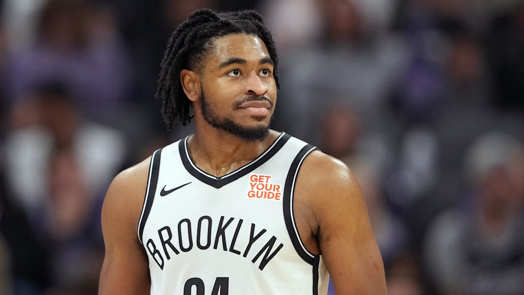 Nov 24, 2024; Sacramento, California, USA; Brooklyn Nets guard Cam Thomas (24) during the first quarter against the Sacramento Kings at Golden 1 Center. Mandatory Credit: Darren Yamashita-Imagn Images