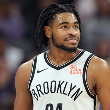 Nov 24, 2024; Sacramento, California, USA; Brooklyn Nets guard Cam Thomas (24) during the first quarter against the Sacramento Kings at Golden 1 Center. Mandatory Credit: Darren Yamashita-Imagn Images