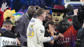 Shaq’s OGs general manager Shaquille O’Neal celebrates after a Mr. Beast competition during the 2025 NBA All Star Game