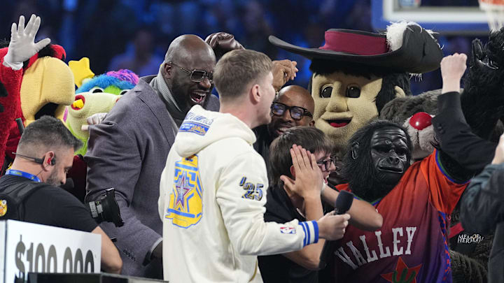 Shaq’s OGs general manager Shaquille O’Neal celebrates after a Mr. Beast competition during the 2025 NBA All Star Game Shaq’s OGs general manager Shaquille O’Neal celebrates after a Mr. Beast competition during the 2025 NBA All Star Game