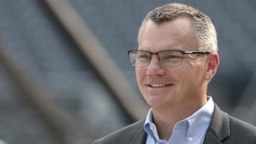 Jun 6, 2023; Pittsburgh, Pennsylvania, USA;  Pittsburgh Pirates general manager Ben Cherington looks on during batting practice before the Pirates play the Oakland Athletics at PNC Park. Mandatory Credit: Charles LeClaire-Imagn Images