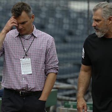 Aug 11, 2021; Pittsburgh, Pennsylvania, USA; Pittsburgh Pirates general manager Ben Cherington (left) talks with manager Derek Shelton (right) during batting practice before the game against the St. Louis Cardinals at PNC Park. Mandatory Credit: Charles LeClaire-Imagn Images