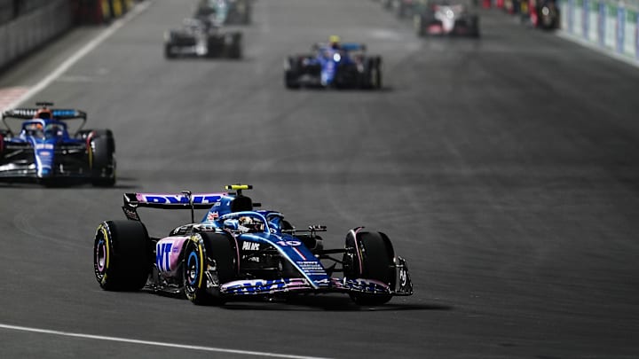 Nov 18, 2023; Las Vegas, Nevada, USA; BWT Alpine F1 driver Pierre Gasly of France (10) drives during the Formula 1 Heineken Silver Las Vegas Grand Prix at the Las Vegas Strip Circuit. Mandatory Credit: Lucas Peltier-Imagn Images