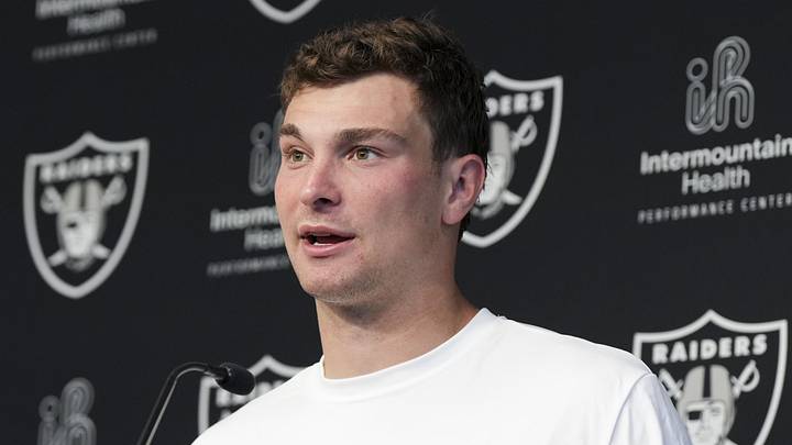 Las Vegas Raiders quarterback Fernando Mendoza speaks during a news conference at the team’s Rookie Minicamp.