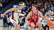 Gonzaga guard Ryan Nembhard defends against LMU guard Jan Vide.