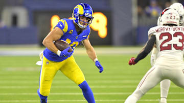 Dec 28, 2024; Inglewood, California, USA;   Los Angeles Rams wide receiver Cooper Kupp (10) ains 10 yards on a pass play before he is stopped by Arizona Cardinals cornerback Sean Murphy-Bunting (23) in the first half at SoFi Stadium. Mandatory Credit: Jayne Kamin-Oncea-Imagn Images